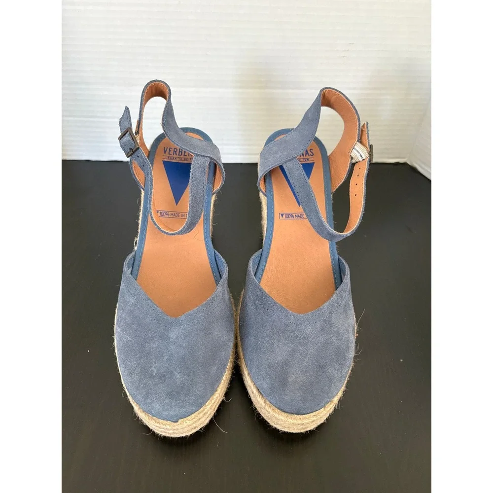 Verbenas Womens Espadrille Wedges Size 9 Blue Suede Platform Ankle Strap Spain - Picture 2 of 15
